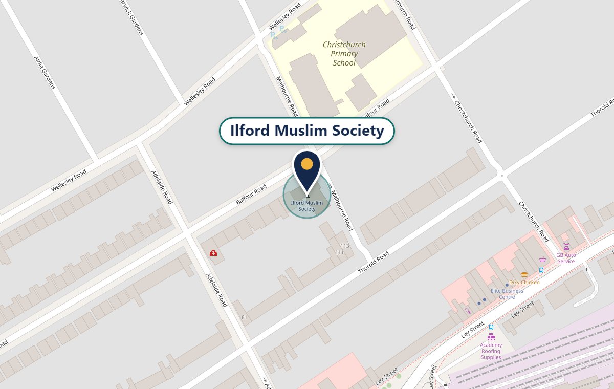 Map showing Ilford Muslim Society on Balfour Road, at the corner of Melbourne Road. Opens directions in Google Maps in a new tab.
